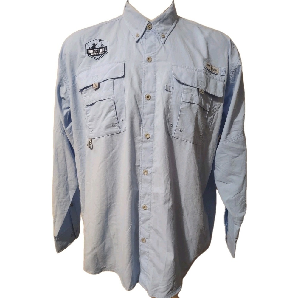 Columbia PFG Fishing Shirt Men L Blue Long Sleeve Outdoor Hiking Cabin Gorp Core